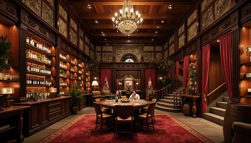 Richly ornamented wine cellar, intricately carved wooden panels, dimmable warm glow lighting, crystal chandeliers, ornate metal lanterns, rustic stone walls, vintage wine barrels, decorative metalwork