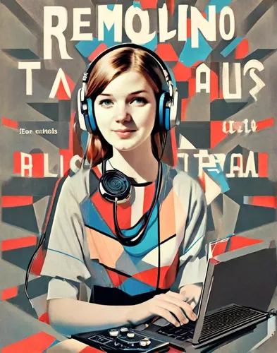 Young female DJ with headphones and laptop at the Remolino tango festival.,announcer,headset profile,ammo,telesales,girl at the computer,monoline art,radiônica,retro woman,retro girl,tasmiarka,radiato