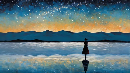 In the evening, a woman stood in the salt lake. The water surface was like a mirror, reflecting the sky.  Look at the sky, the Milky Way is in the sky.,blue painting,starry night,girl in a long,astron