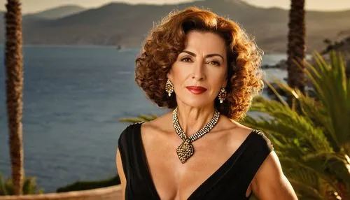 Mature lady, Miss Sativa, sensual, flowing curly brown hair, subtle makeup, elegant necklace, black evening dress, revealing deep V-neck, high heels, standing, luxurious villa, Mediterranean Sea, suns