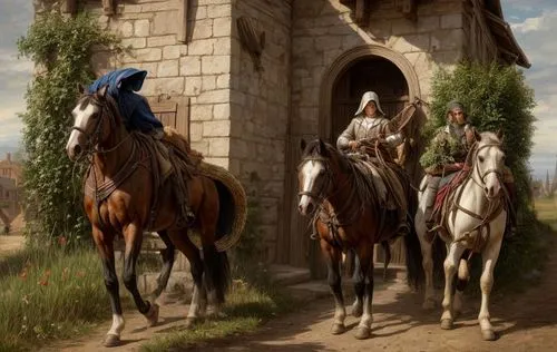 front door horse and buggy woman and men carry food to front door ,andalusians,caravanserai,caravansary,pilgrims,medieval,guards of the canyon,arabian horses,horse riders,two-horses,horsemen,cavalry,m