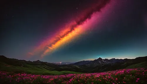 (zoomed out:1.1), (meteor shower:1.2), (comet:1.1), low angle, aroura borealis, shooting star, best quality, masterpiece, cloud, colorful, starry, stars, night, flower field, flower blossom, night sky