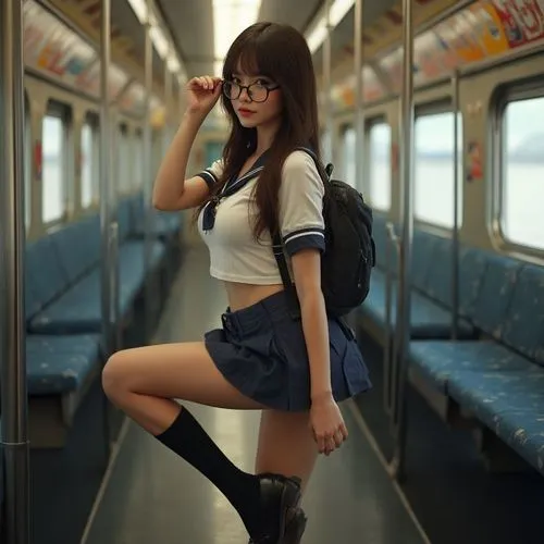 an attractive young woman standing on the subway,train,train ride,knee-high socks,the girl at the station,school skirt,train way,girl in a long,miniskirt,schoolkid,girl sitting,sky train,retro girl,su