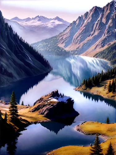 Mountain landscape, majestic peaks, snow-capped, rugged terrain, misty atmosphere, evergreen trees, rocky cliffs, serene lake reflection, warm sunlight, soft focus, panoramic view, 3/4 composition, ci