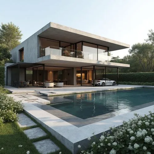 Design ONLY a three-story modern minimalist villa. Never generate a two-story building. The building must have three full visible floors with strong horizontal cantilevered volumes and floor-to-ceilin