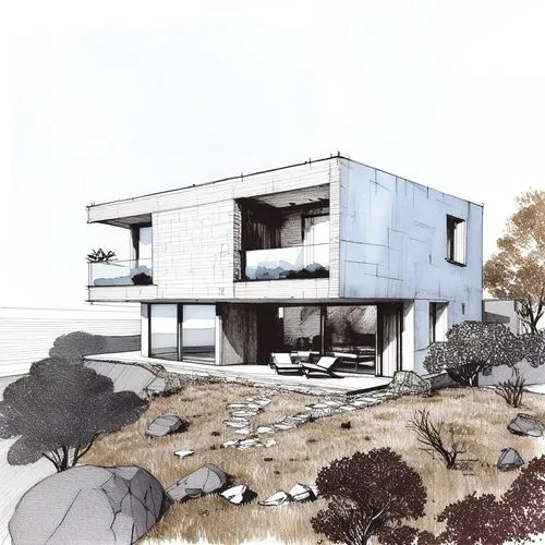 a drawing of a house in the middle of grass,corbu,neutra,dunes house,eichler,mid century house,cubic house