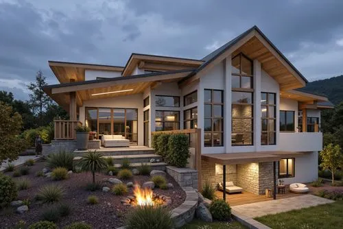 A luxurious modern mountain house with multiple sloped roofs, stone walls, and expansive glass windows, featuring an outdoor patio with fire pits and landscaping, set against a dramatic sky.,a large h