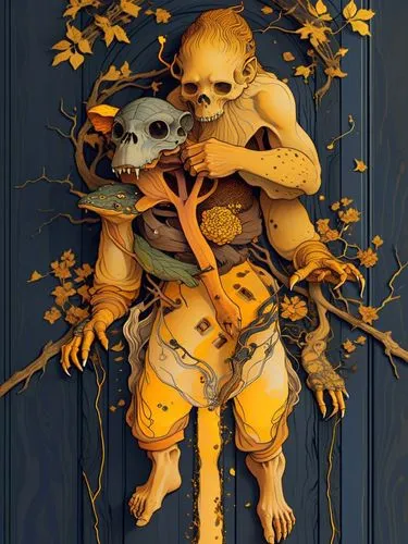 two creepy looking figures holding an object with branches,garrison,skull sculpture,wood skeleton,skull statue,autumn decoration,day of the dead skeleton,seasonal autumn decoration,skeleton leaves,scr