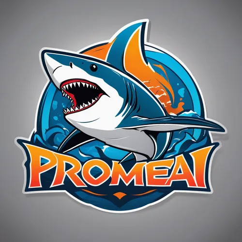 Logo for Promeai on the theme of shark attack full body, side view, e-sport logo, ed mcguinness style, bold contour,logo header,logo,bronze hammerhead shark,fish products,promontory,proa,pennant,meta 