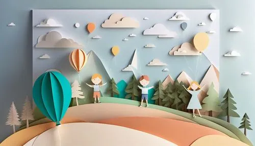 a paper art of people holding hands flying  air balloons,origami paper plane,airbnb logo,airbnb icon,cinema 4d,paper art,cardboard background
