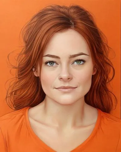 portrait of Catherine McCormack 21-year-old, dark-auburn-hair, orange-shirt,orange,orange color,girl portrait,orange half,bright orange,portrait background,woman's face,girl on a white background,port