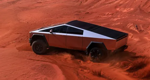 Cyber truck driving on red sandy dirt and dust,a futuristic car driving through some dirt,overland,off-road car,off-road vehicle,doorless,off road vehicle,admer dune,offroad,desert run,off road toy,of
