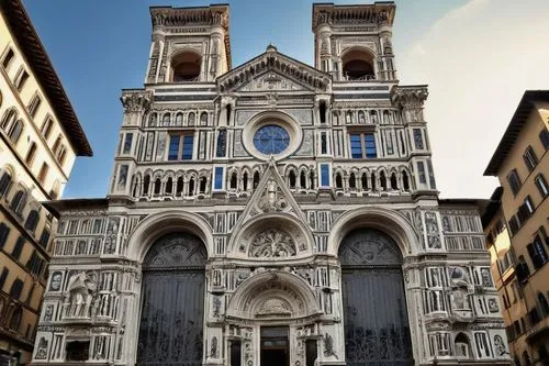 Renaissance style, Leon Battista Alberti inspired building, grandiose, ornate decorations, Corinthian columns, arches, domes, symmetrical facade, marble stones, intricate carvings, ornate doorways, ba