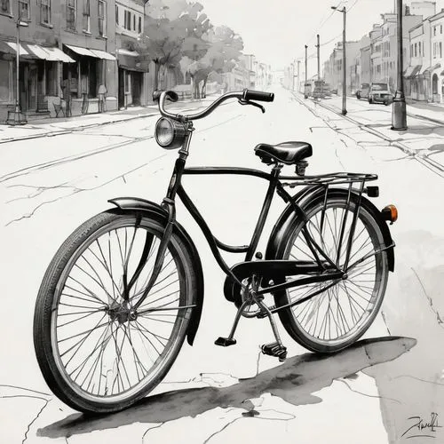 A black and white ink drawing of a classic-style bicycle, rendered with a slightly sketchy, hand-drawn aesthetic. The bicycle is shown in a three-quarter view, angled slightly to the right. The bicycl