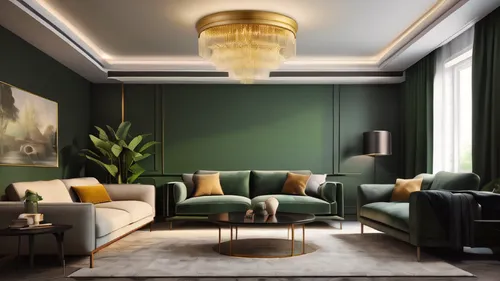 A living room with a ceiling light, brown leather sofa, black and gold table, blanket, vase, decorative painting, dark green background wall, background light, white and gray transition carpet, green 