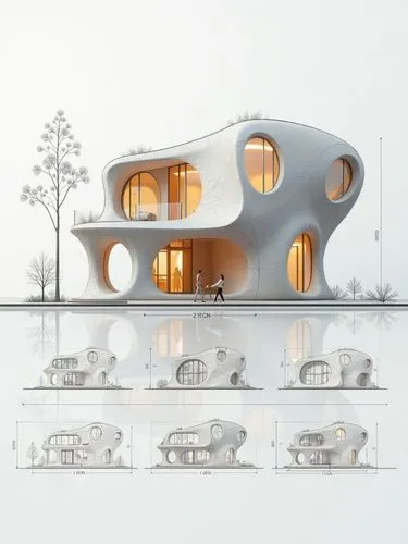 A diagram showing the process of building with each step represented by different architectural sketches and digital construction models of building structures and dimensions. The left side features t