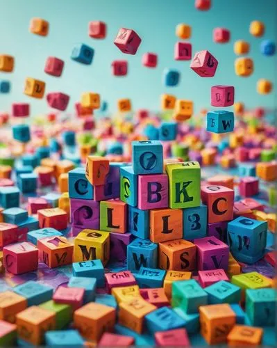 Vibrant colorful words, swirling typography, 3D alphabet blocks, glossy finish, reflective surface, abstract background, whimsical atmosphere, dreamy quality, soft focus, shallow depth of field, warm 