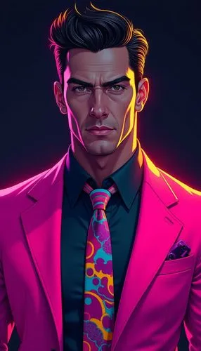 A digitally illustrated portrait of a confident, stylish man with sharp facial features and a serious expression. The character is wearing a vibrant, neon pink blazer over a dark green shirt, paired w