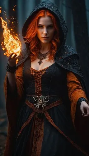 /imagine prompt: Fantasy sorceress or hedge witch with medium-length red hair, detailed digital painting. Wearing a rustic, hooded robe in shades of brown or russet, with wide sleeves and a laced bodi