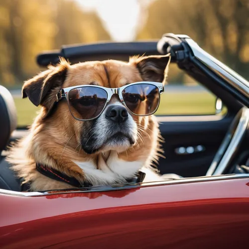 dogs wearing glasses while in a sports car with a its owner man,dog photography,dog-photography,aviator,herd protection dog,pet vitamins & supplements,hood ornament,corgi,beagador,jagdterrier,top dog,