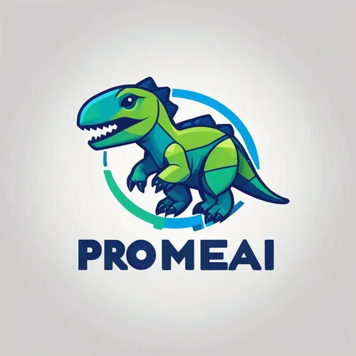 Logo for Promeai on the theme of a green dinosaur with blue outlines, in the style of playful geometry, pixel perfect,proa,pioneer badge,prmauka,komodo,company logo,promontory,logodesign,social logo,l