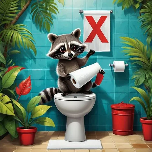 Draw a humorous, cartoon-style scene set in a tropical bathroom. A raccoon is trying to throw toilet paper into a toilet. Add a big red 'X' or prohibition sign over the action to indicate it's not all