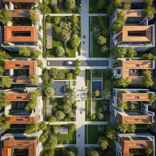 "Develop an aerial view urban plan emphasizing courtyard houses for construction in the Middle East. Design the layout with a focus on pedestrian-friendly elements, clearly delineating sidewalks and i