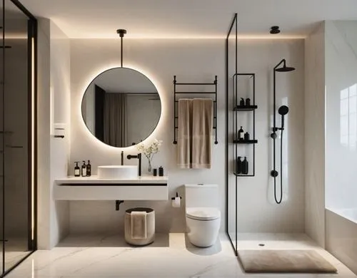 an open concept bathroom with a tub, shower, mirror and toilet,modern minimalist bathroom,luxury bathroom,bath room,beauty room,bathroom,banyo,Photography,General,Realistic