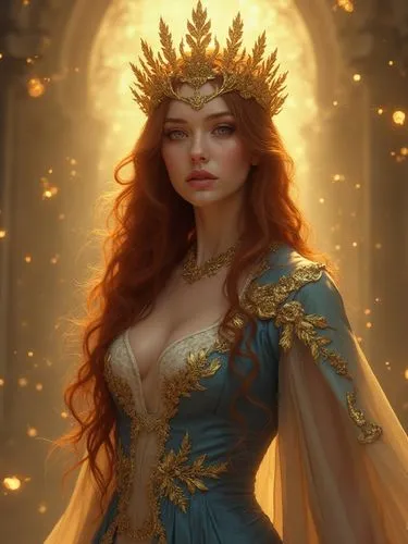 Photorealistic illustration of a brown-haired woman with a gold crown, in gold and blue attire, on a glowing background, fantasy baroque style, evoking Mucha,,a digital painting of a woman in a blue d