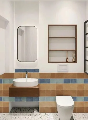 wall with colorful brick tile texture,a bathroom with a mirror and a white toilet,modern minimalist bathroom,tile kitchen,ceramic floor tile,search interior solutions,rest room,bathroom,almond tiles,t