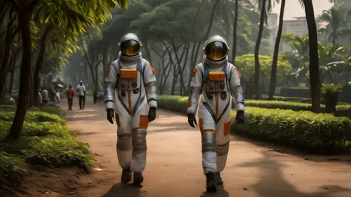 futuristic walk in the park wearing a spacesuit in dystopian mumbai, in the style of the photography book “The Suffering of Light” by photographer Alex Webb. Master photo with excellent light, color a