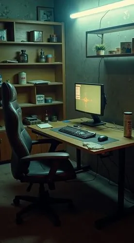A dimly lit, run-down gaming setup in a neglected Taiwanese room.a scratched, worn-out wooden desk, surrounded by peeling, stained concrete walls. The fluorescent tube light above casts a cold, clinic