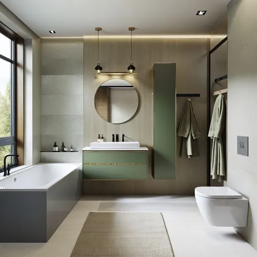 luxury bathroom, bright accents, high quality materials, interior visualisation,this is a bathroom with a round mirror above the tub,modern minimalist bathroom,luxury bathroom,bath room,interior moder
