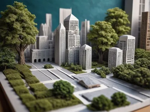 Cardboard, architectural model, miniatures, urban planning, cityscape, modern skyscrapers, contemporary buildings, intricate details, white glue, scissors craftsmanship, DIY, paper textures, rough edg