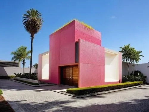 a pink building with a tree in the background,mid century house,cube house,cubic house,mid century modern,house pineapple,pink squares,modern house,dunes house,modern architecture,house shape,contempo