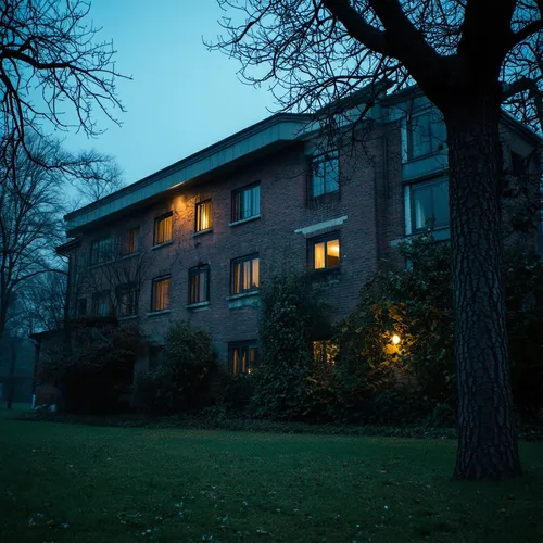 spooky and intimidating headquarters ,a tall brown building sitting next to a lush green forest,dormitory,dorms,residential building,sanatorium,apartments,apartment building,sanatoriums,at night,resid
