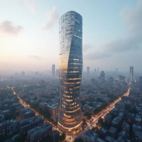 "Imagine and create a modern cuboidal Slick 50 storey Residential mixed-Use glass skyscraper topped with a parabolic shaped penthouse. With No raking
The context is China Town in NYC",an aerial po of 