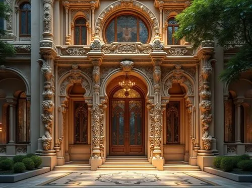 Intricate stone carvings, sinuous ironwork, flowing organic forms, grandiose entranceways, ornate facades, curvilinear lines, botanical motifs, stained glass windows, mosaic tile work, gilded accents,