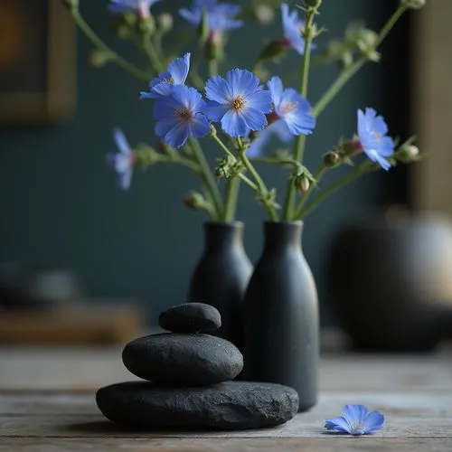 exclusive black chalk stone elegant figure decoration on table,delicate blue flower in black vase
,three vases sitting on top of a table with blue flowers,blue petals,blue flowers,blue flower,blue fla