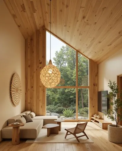 A modern living room with floor-to-ceiling triangular windows overlooking a lush forest. The interior features minimalist Scandinavian furniture, including a low-profile sectional sofa, a woven armcha