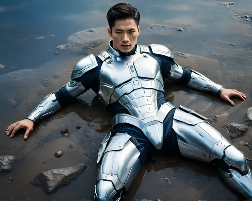 
 a man that is laying down on the ground, inspired by Joong Keun Lee, with sleek silver armor, jc park, liquid magic, 4k still, krypton, very very roberto ferri, yan, hurricane, reflecting, full colo