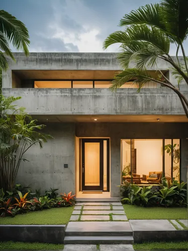 Design modern midcentury tropical concrete bungalow architecture with sleek lines, minimalist, and innovative materials. Craft a realistic contemporary atmosphere for a sophisticated and urban tropica