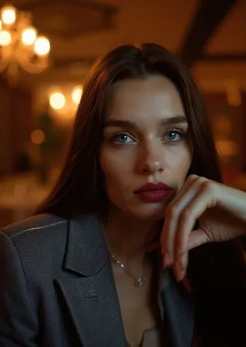 a stunning portrait of a beautiful young woman, 22 years old, with long brown hair, blue eyes, and red lips, wearing a gray jacket. She is seated in a cozy chair in an elegant, warmly lit restaurant w