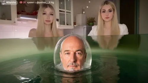 Гигантская капсула с голова профессора доуэля в пузырчатой воде с механическими трубками, к которым прикреплены датчики,a balding head sits in the water with another model standing on one side of it,s