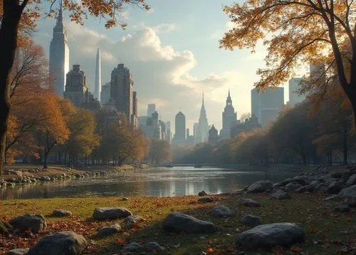 a body of water surrounded by trees and rocks,central park,manhattan,newyork,manhattan skyline,autumn in the park,new york,new york skyline,autumn morning,fall landscape,autumn day,autumn park,one aut