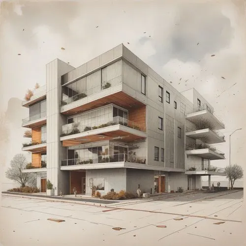 an architectural drawing of a building with plants,residencial,renderings,3d rendering,habitaciones,unbuilt,apartment building,apartments,neutra,modern architecture,maisonettes,corbu,arkitekter,inmobi