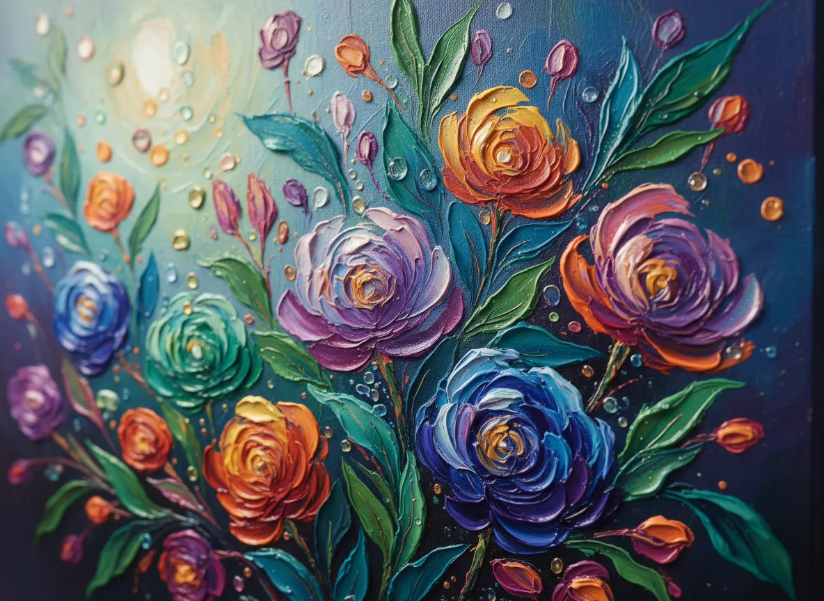 Primo piano di un dipinto floreale generato dall'IA, che evidenzia l'incredibile dettaglio della texture spessa della pittura.