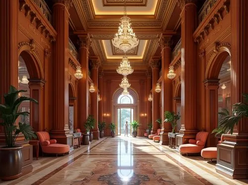Ornate chandeliers, rich wood paneling, grand staircases, opulent furnishings, luxurious upholstery, vibrant color schemes, intricate moldings, gilded accents, dramatic lighting, sweeping archways, hi