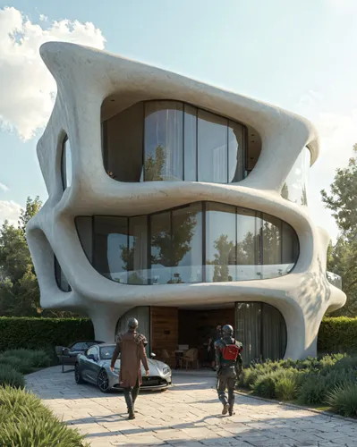 two people standing outside a futuristic building,futuristic architecture,cubic house,dunes house,frame house,cube house,render,modern architecture,renders,futuristic art museum,crooked house,danish h