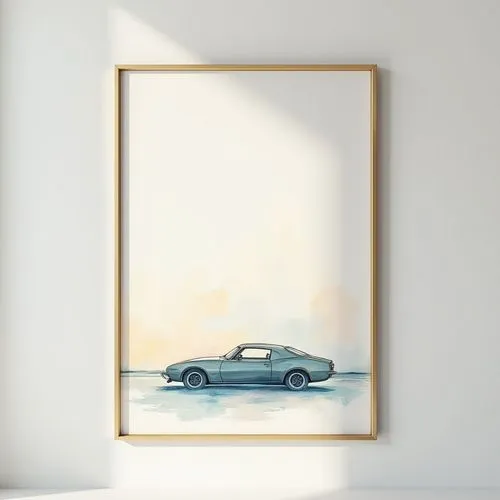 delicate elegant painting on white wall,pastel colors and gold and blue, simple slim gold frame, frontview, vertical,lineart,abstract cars
,a po on a wall of a car in blue,frame illustration,white fra